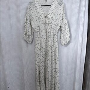 Floral Tie-Front Maxi Dress - Cream with Blue Print